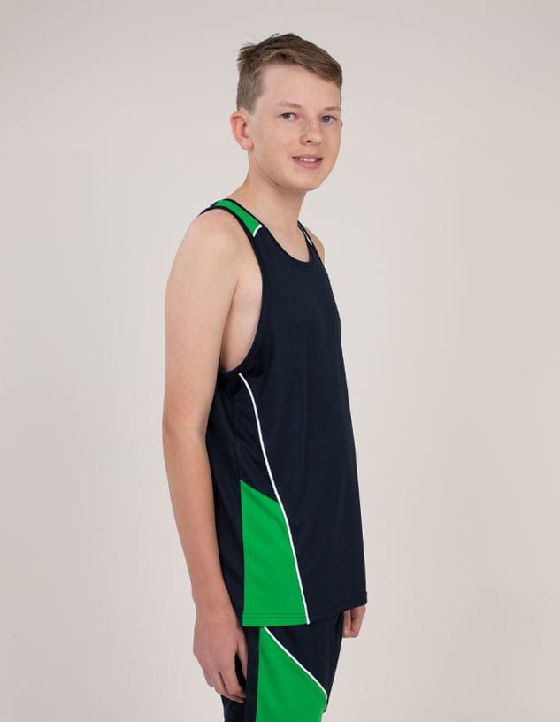 A navy singlet featuring green accents and a white stripe, with a logo visible on the fabric.
