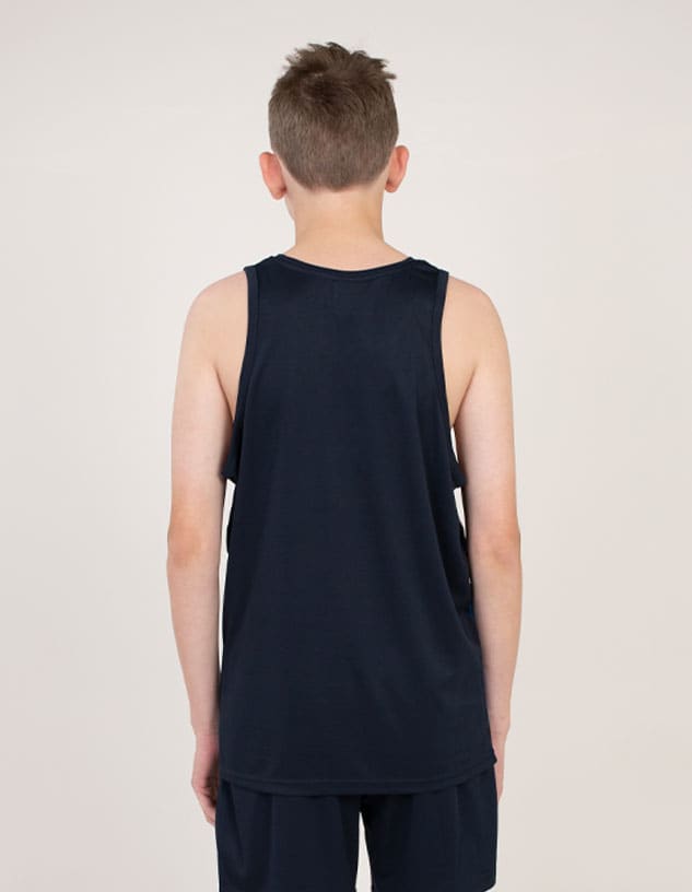 A navy blue singlet shirt for kids, featuring a simple design and no visible text. It has a logo on the back.