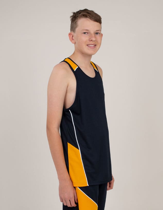 A navy singlet featuring orange accents and a logo, modelled by a young person.