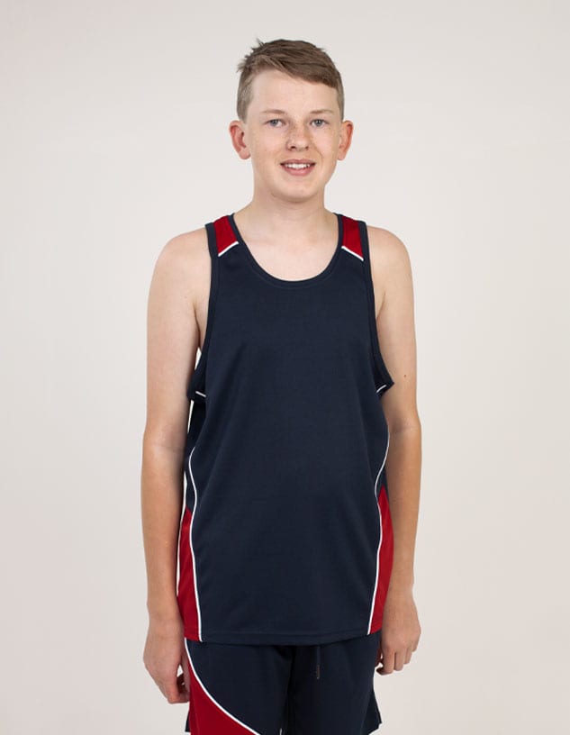 A navy singlet with red and white accents, featuring a logo, displayed on a smiling young model.