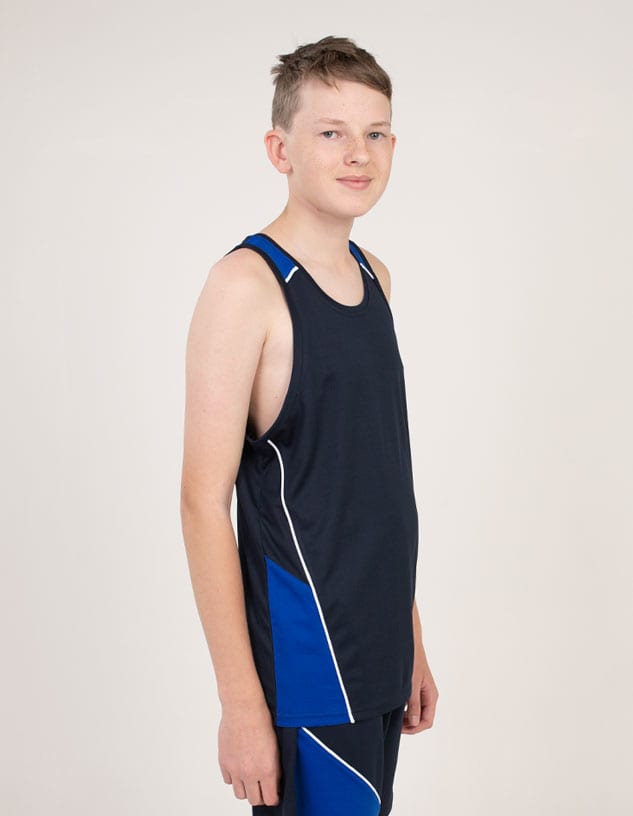 A navy blue singlet with blue accents, featuring a logo, worn by a young male model.