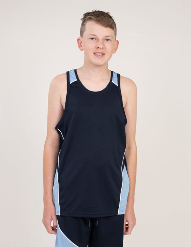 A sleeveless sports singlet in navy blue with light blue accents, featuring a logo.