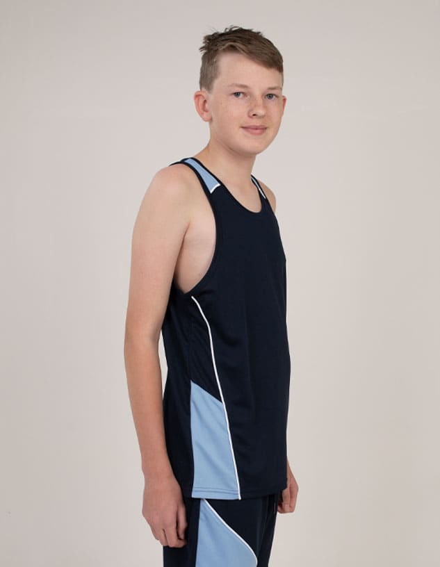 A navy blue singlet with light blue accents, featuring a logo, worn by a young person.
