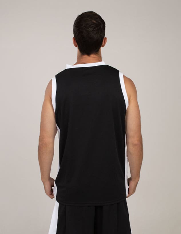 A sleeveless black singlet with white accents, featuring a logo on the back.