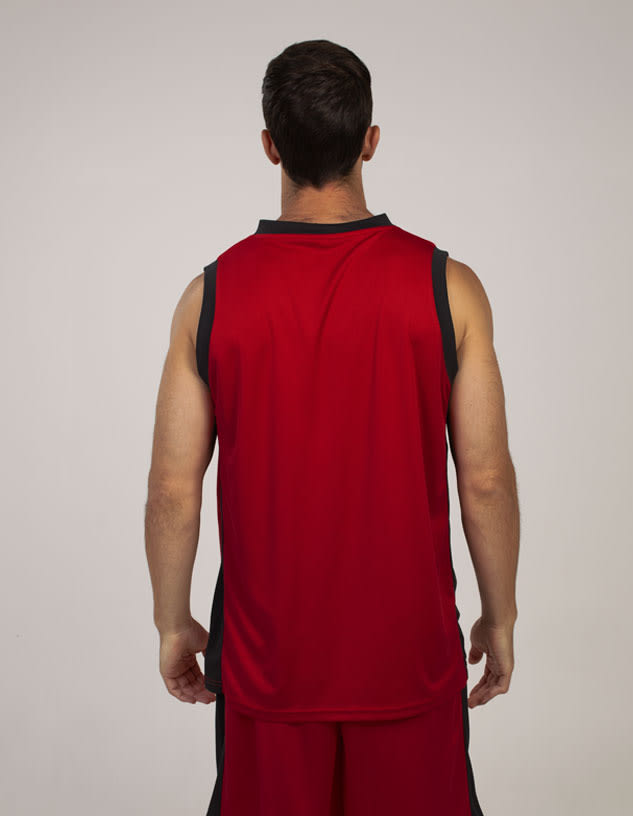 A red singlet with contrasting dark sides, featuring a logo. The model is shown from the back.