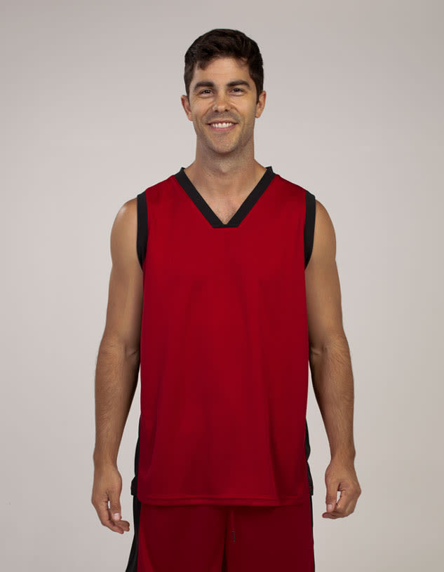 A red singlet with black accents, featuring a slight V-neck and a logo on the chest.