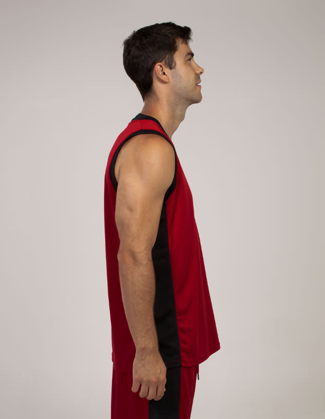 A red singlet with black side panels, displayed on a model in a side profile pose. It features a logo on the garment.