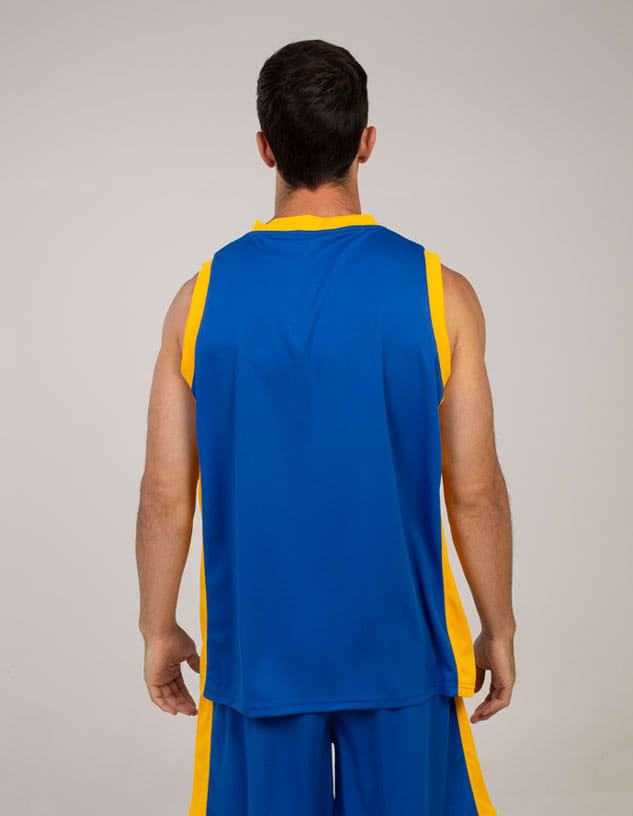 A sleeveless singlet in blue with yellow accents, featuring a logo on the back, worn by a male model.
