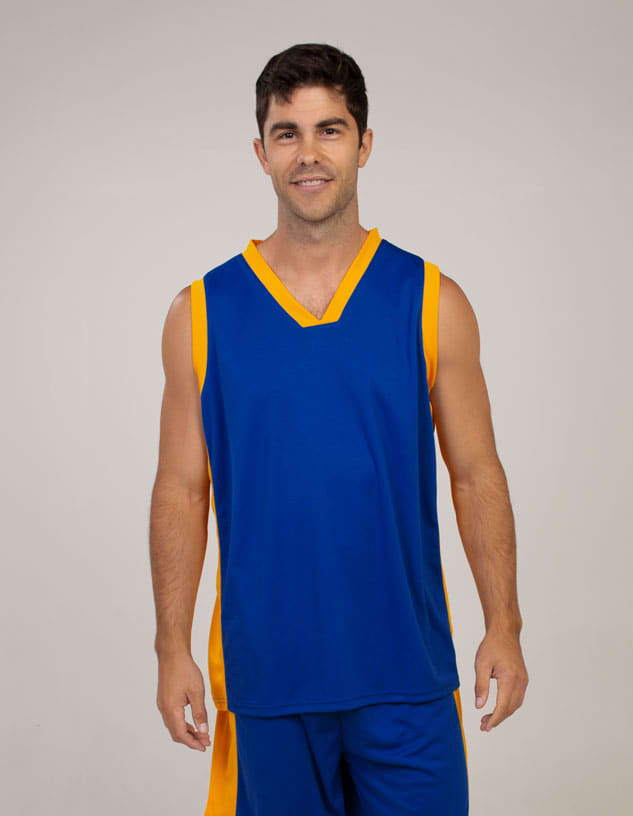 A blue and yellow singlet with a V-neck design, featuring a logo on the front.