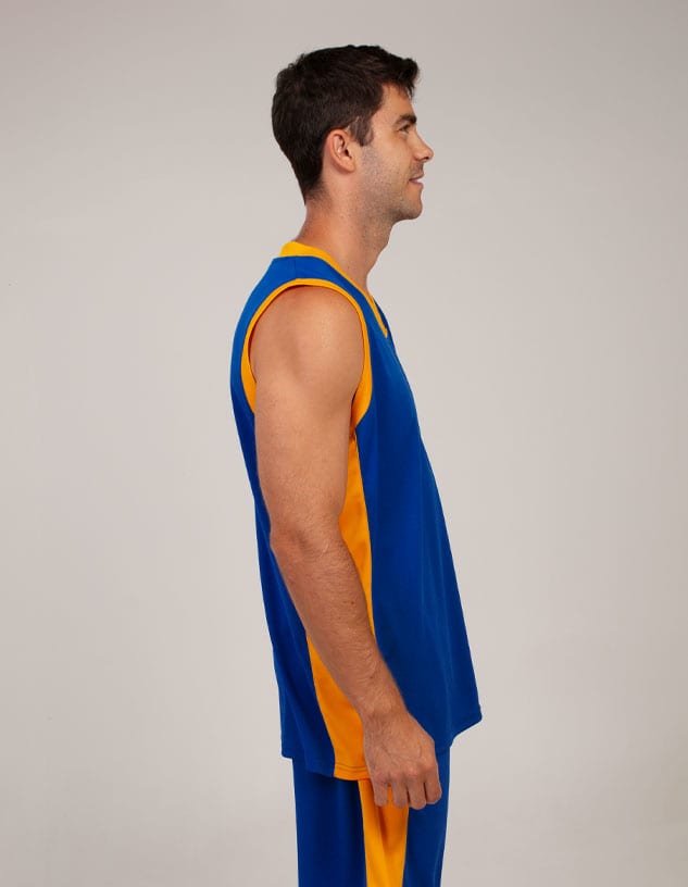 A blue and orange singlet shirt featuring a logo, displayed on a model from the side.