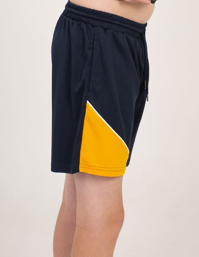 Sports shorts in navy blue with a yellow and white accent, featuring an elastic waistband and side pocket.