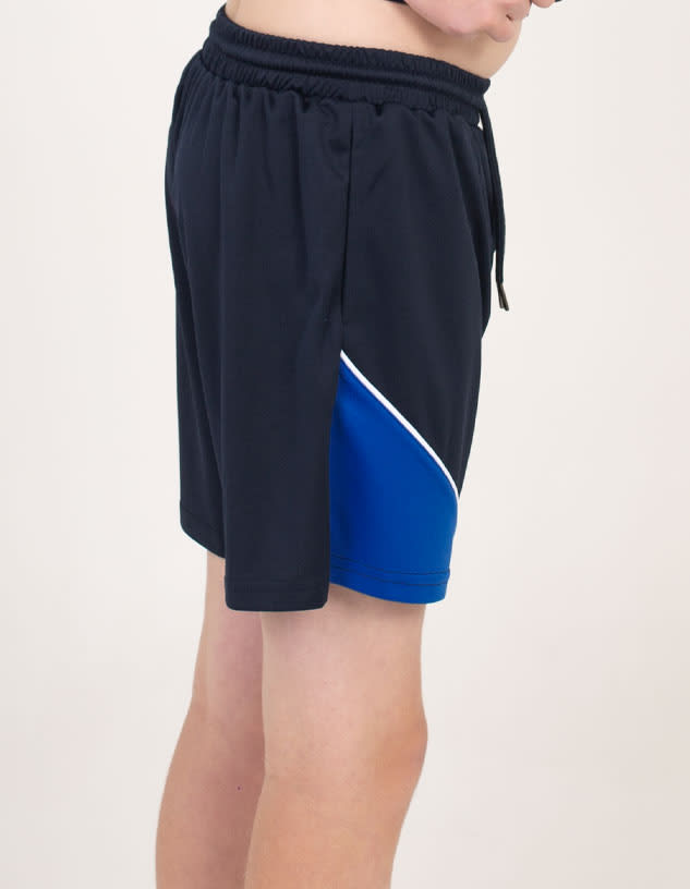 Sports shorts in black with blue accents, featuring an elastic waistband and a logo on the side.