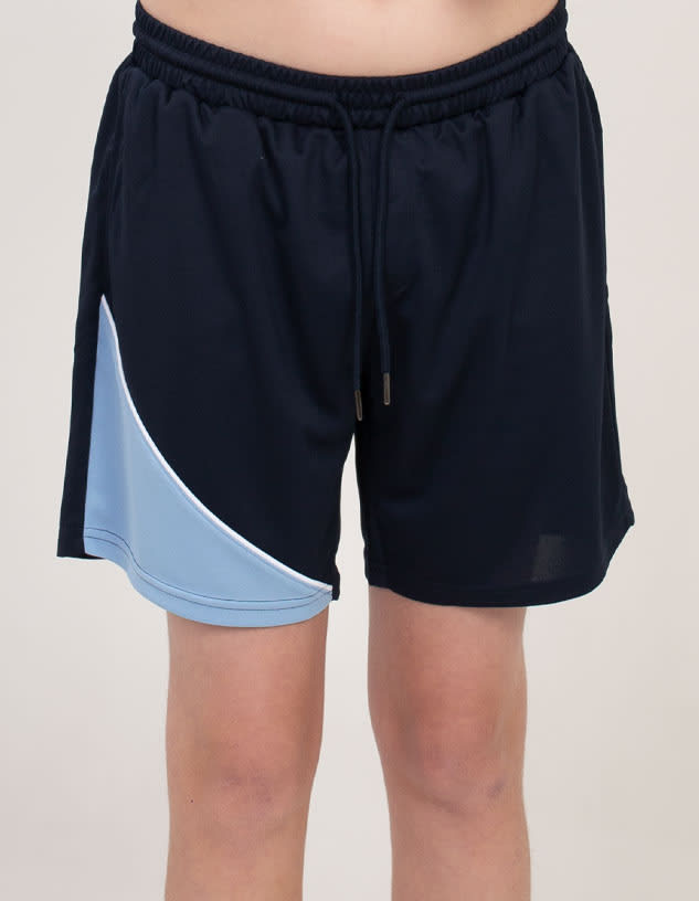 Sports shorts in navy blue with a light blue detailing and an elastic waistband. Features a logo on the front.