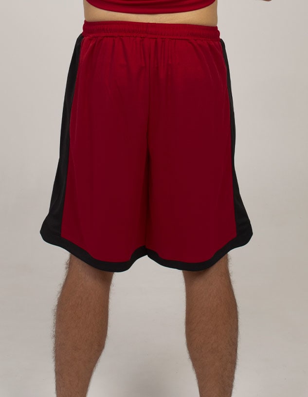 Red sports shorts with black side panels and an elastic waistband, featuring a logo.