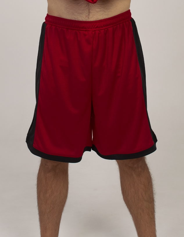 Red sports shorts with black side detailing and an elastic waistband. Features a logo.