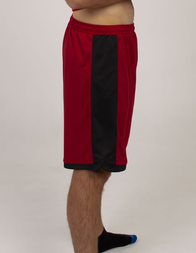 Red sports shorts featuring black side panels, with an elastic waistband and a logo on the front.