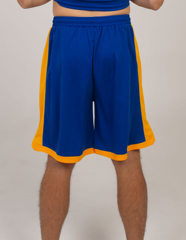 Sports shorts in royal blue with yellow side accents, featuring an elastic waistband and a logo on the fabric.