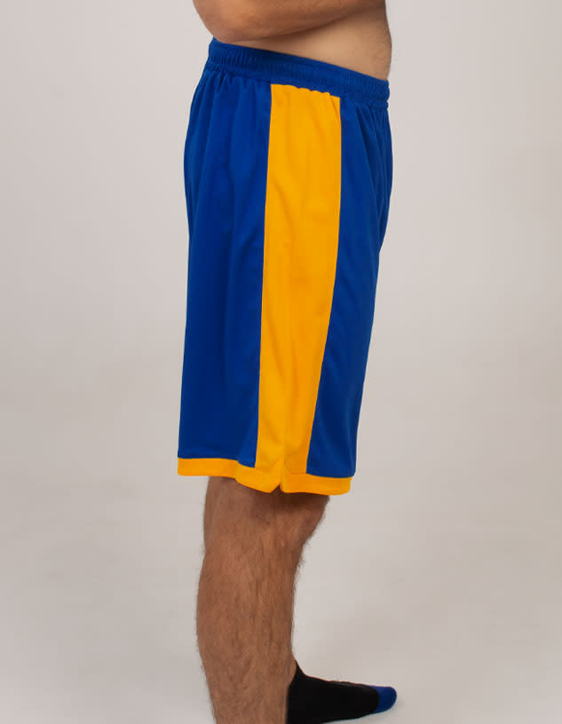 Sports shorts in blue with a yellow stripe, featuring an elastic waistband and a logo.