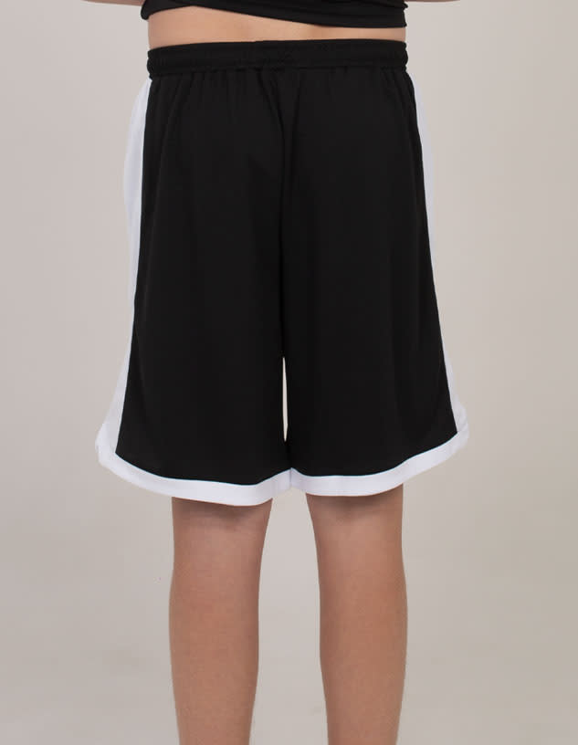 Sports shorts in black with white detailing at the hem, featuring an elastic waistband and a logo.