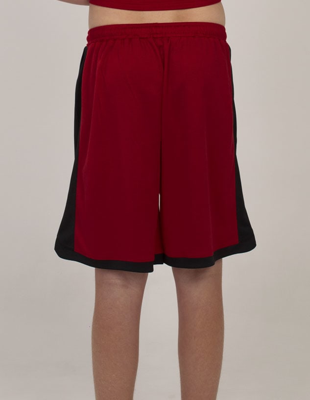 Red sports shorts with black side panels and an elastic waistband, featuring a logo on the back.