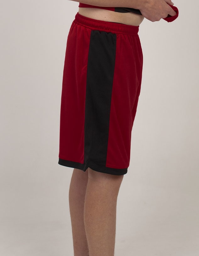 Red sports shorts with black side panels and an elastic waistband, featuring a logo on the fabric.