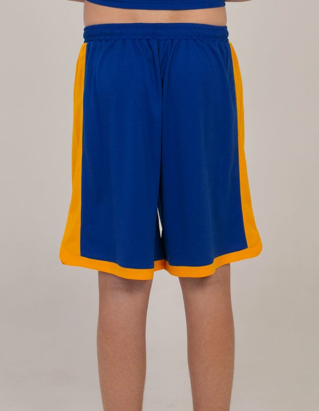 Blue sports shorts with yellow side panels, featuring an elastic waistband and a relaxed fit. Contains a logo.