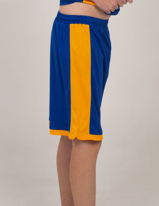 Blue and yellow sports shorts featuring a logo, designed for active wear.