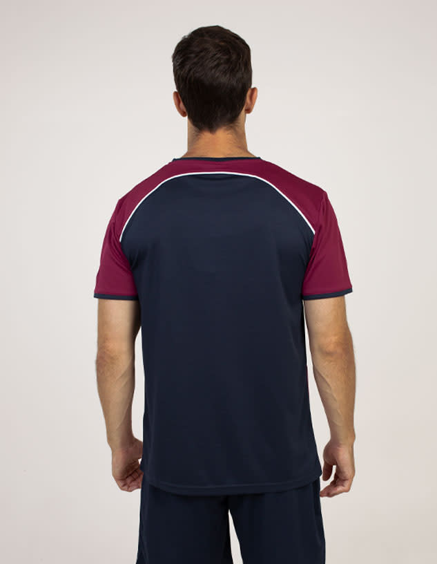 A T-shirt featuring a navy body with maroon sleeves and a logo on the back.