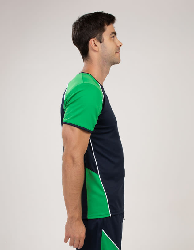 A side view of a men's T-shirt featuring navy blue with green accents and a logo.