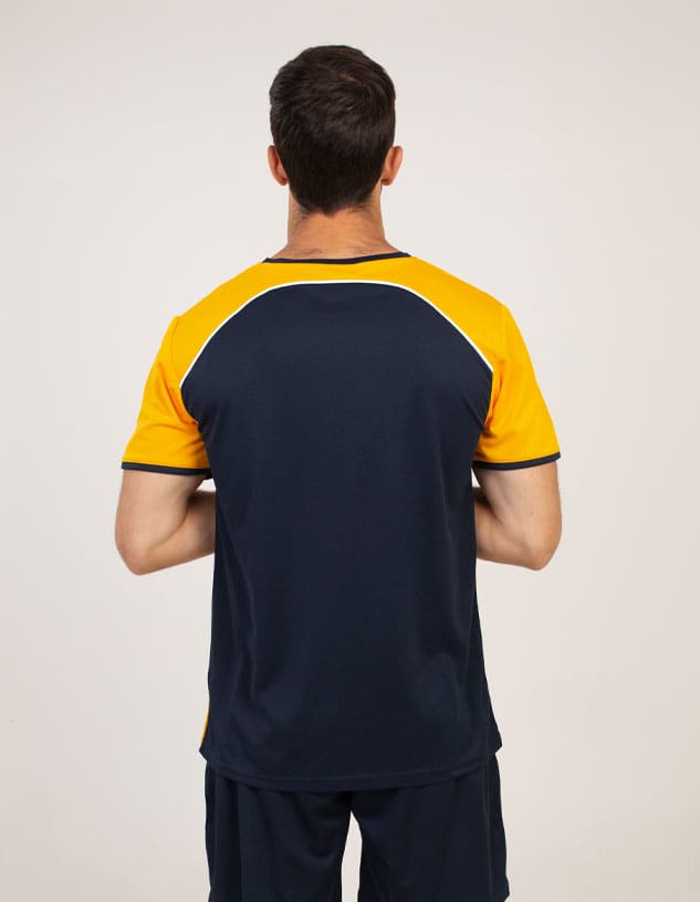 A navy and gold T-shirt with a sporty design, featuring a logo on the back.