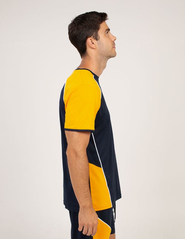 A side view of a T-shirt featuring navy blue and yellow colours, with a simple design and a logo.