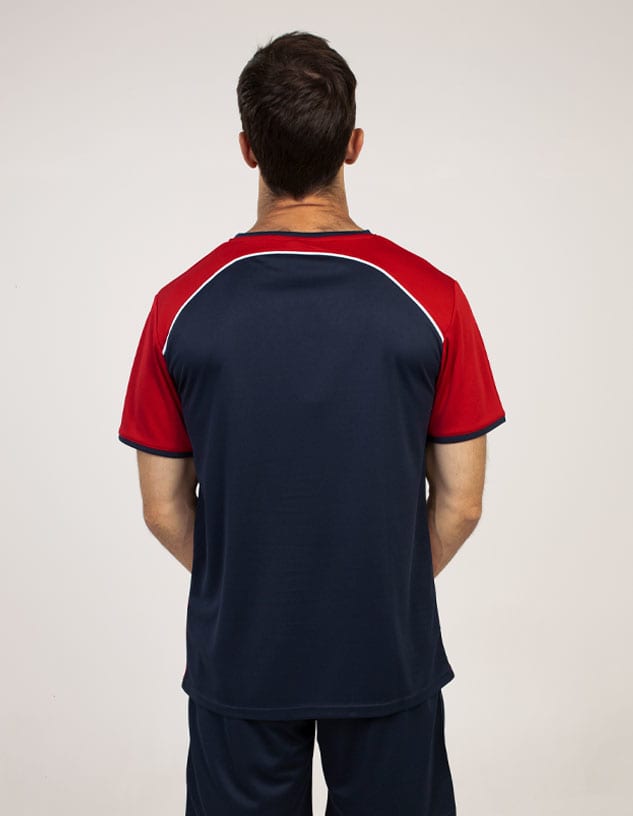 A navy and red short-sleeved T-shirt with a contrasting design, featuring a logo on the back.