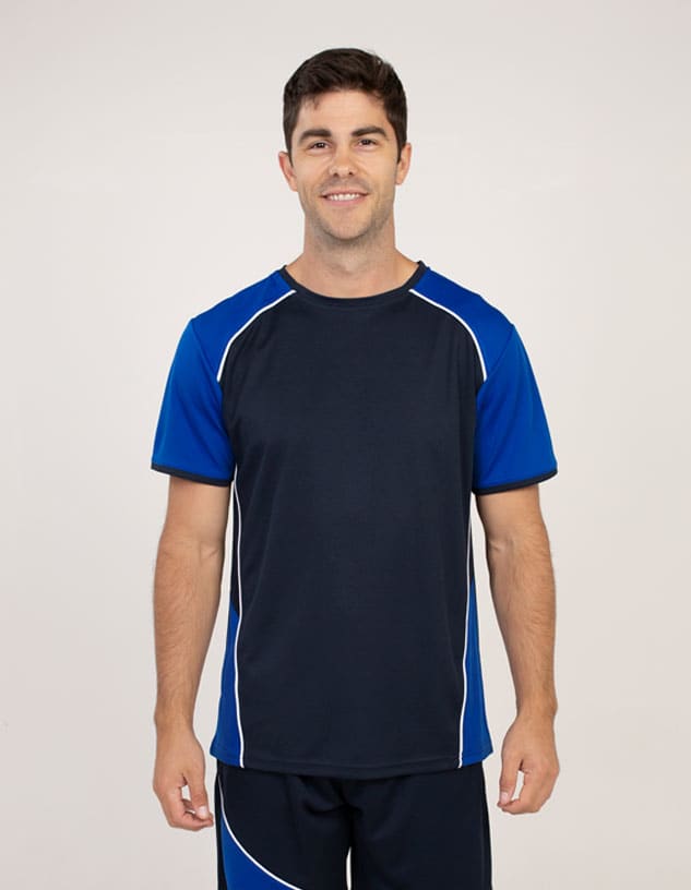 A unisex T-shirt in navy blue with blue accents and white piping, featuring a logo on the front.