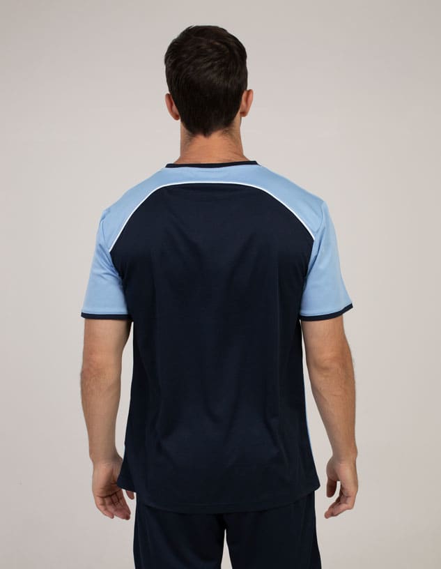 A navy blue and light blue T-shirt with a contrasting design and a logo on the back.