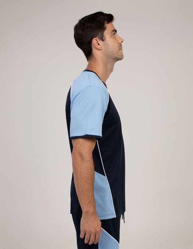 A navy and light blue T-shirt with short sleeves, featuring a logo on the chest and side panels.