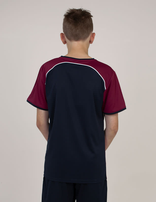 A T-shirt in navy and maroon with contrasting white piping, featuring a logo on the back.
