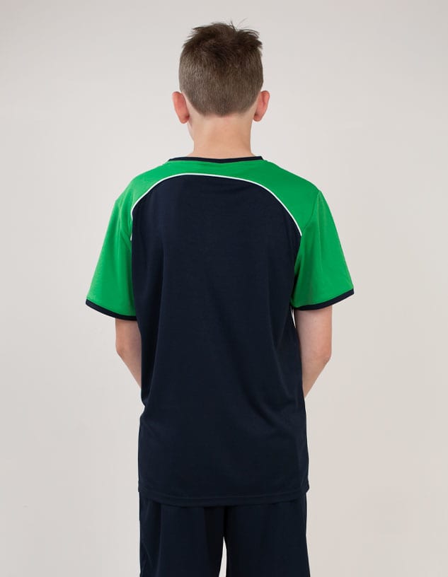 A T-shirt featuring a navy body with green sleeves, showcasing a branding logo on the back.