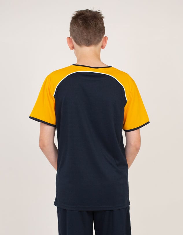 A back view of a T-shirt featuring a navy blue body and bright yellow sleeves. It has a logo on the chest.