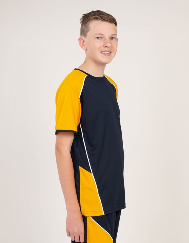 A navy and bright orange T-shirt with a logo, featuring a sporty design and short sleeves.