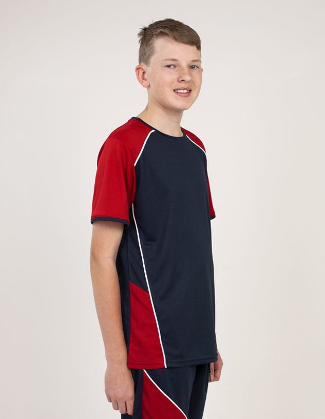 A navy and red T-shirt featuring a logo, designed with contrasting panels and a sporty style.
