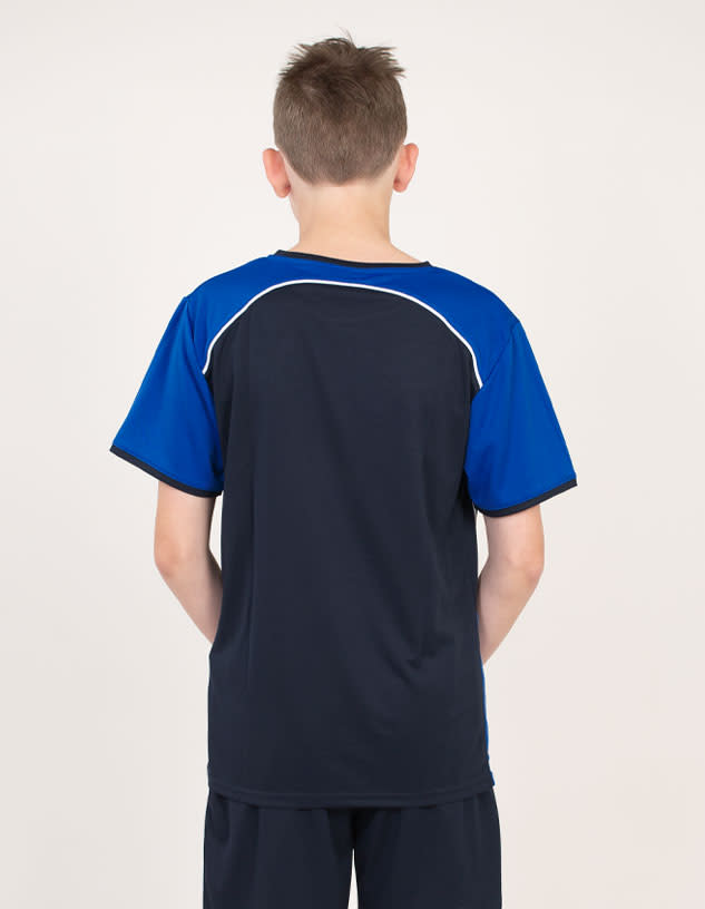 A blue and black short-sleeved T-shirt with a logo, viewed from the back.