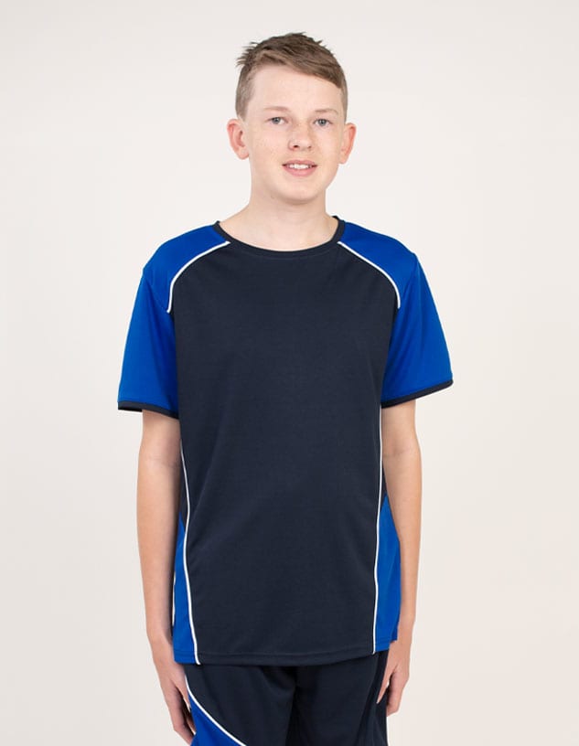 A short-sleeved T-shirt in navy blue with blue accents, featuring a logo. Suitable for casual wear.