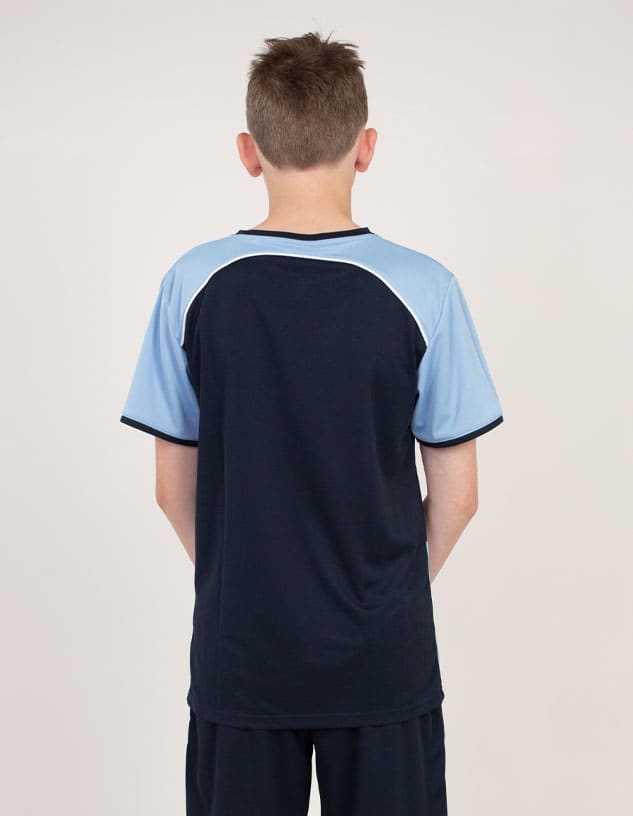A navy and light blue T-shirt featuring a contrasting colour design and a logo on the back.