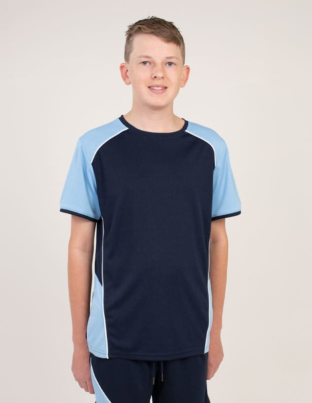 A navy blue and light blue t-shirt with contrasting panels and a logo. Suitable for casual wear.
