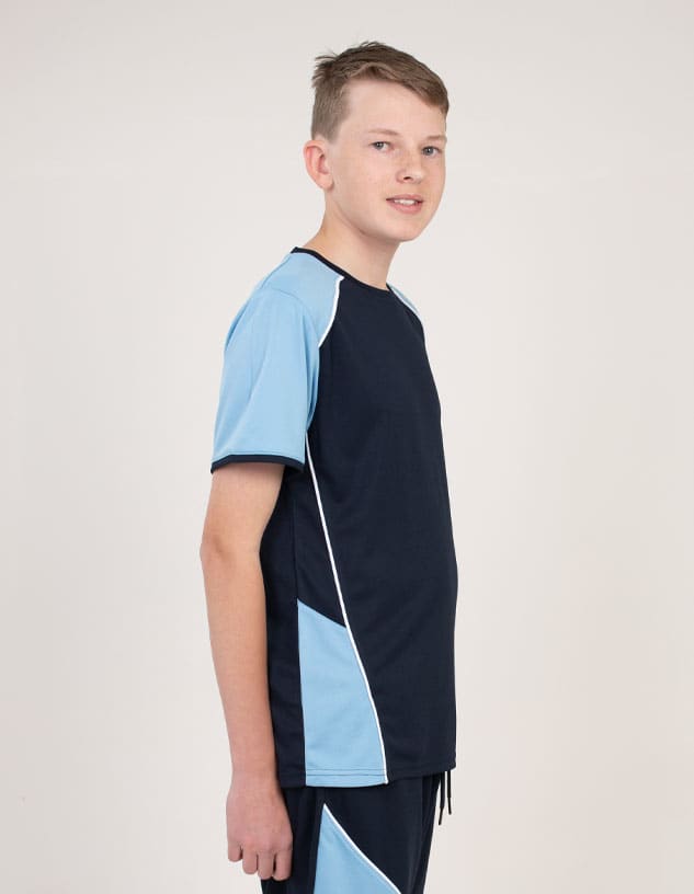A navy and light blue t-shirt with contrasting panels, featuring a logo on the front.
