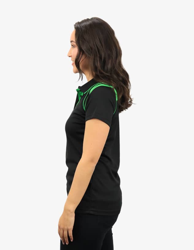 A black polo shirt with green accents, featuring a logo on the upper part, displayed on a model from the side.