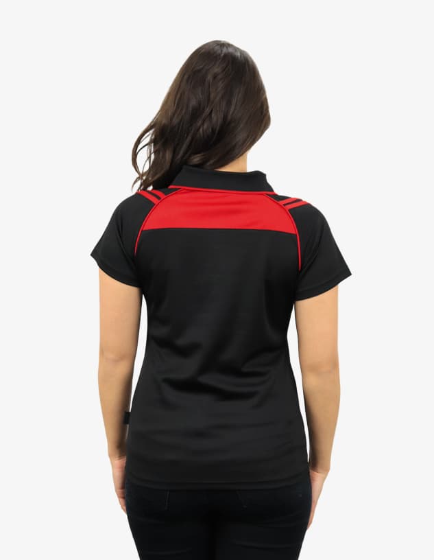 A black polo shirt with red accents, featuring a logo on the back.