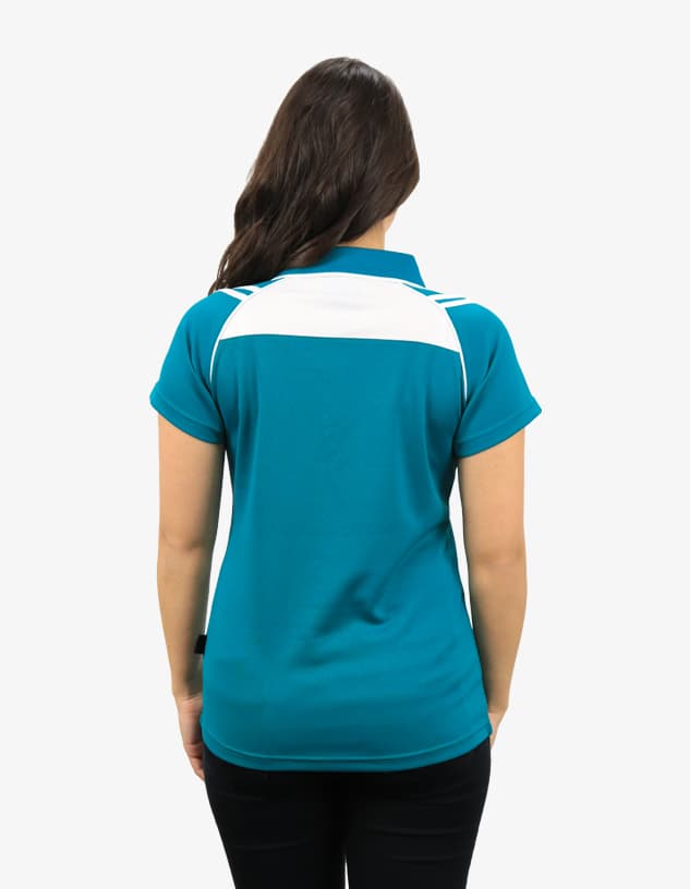 A teal polo shirt with white accents, featuring a logo on the back. Suitable for casual or sporting occasions.