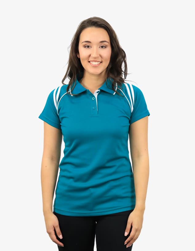 A polo shirt in teal, featuring white stripes, displayed by a model with a smiling expression.