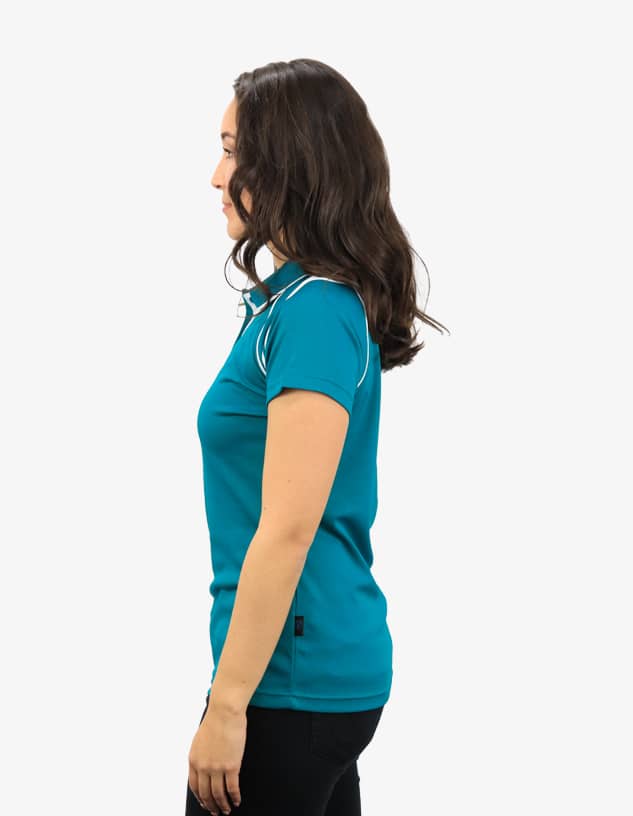 A turquoise polo shirt featuring a logo, displayed on a model from the side.